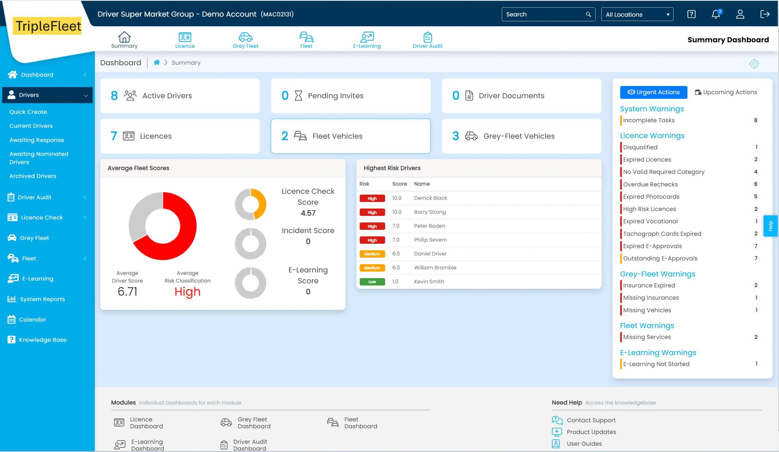 TripleFleet driver risk dashboard